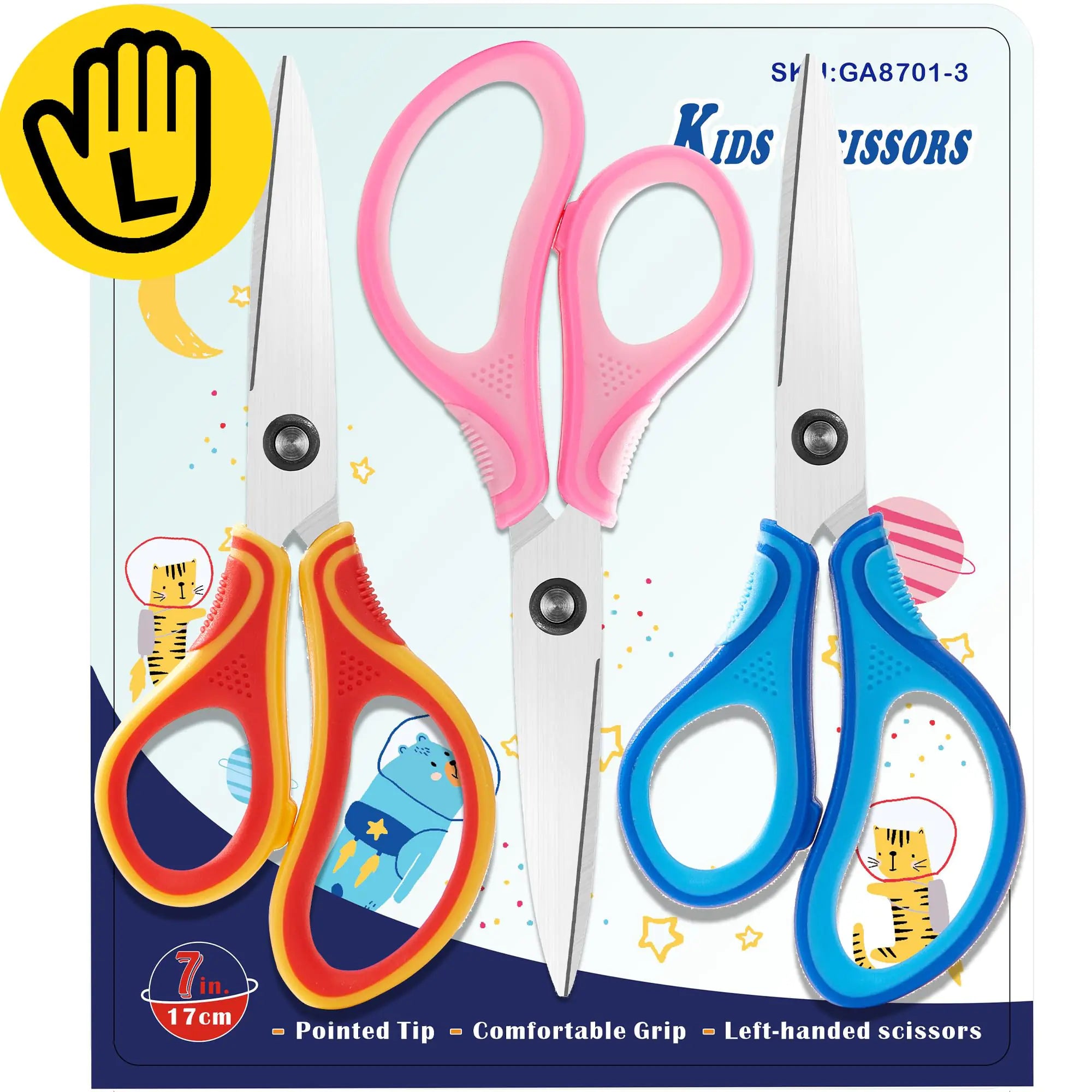7" Left-Handed Kids Scissors 3 Pack - Real Lefty Scissors Ages 8-16 for School & Crafts